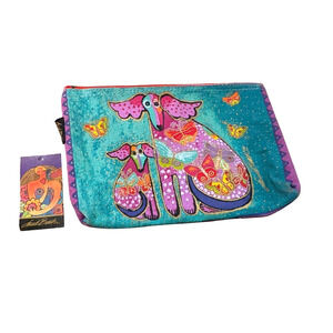 Laurel Burch Dog Tales Cosmetic Bag Bold Colors Teal Rainbow Canvas Art New